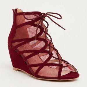Torrid Burgundy Wine Mesh Lace Up Wedge Sandals Women's Size 9